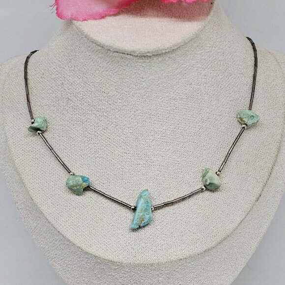 Southwestern Turquoise Nugget Liquid 925 Sterling Silver Necklace Choker 15" - Picture 10 of 11